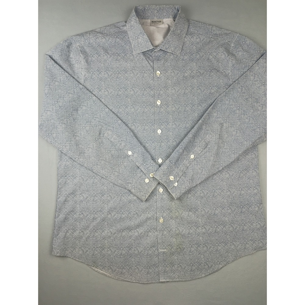 Kenneth Cole Reaction Mens Slim Fit Dress Shirt Blue White Geometric Stretch L